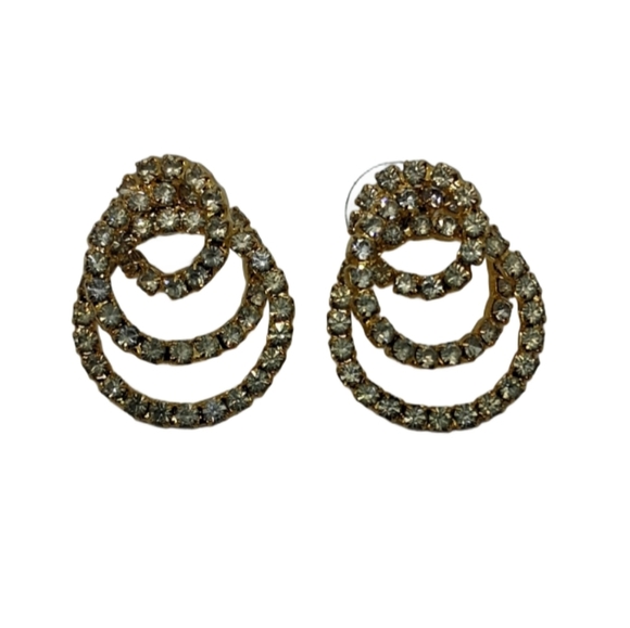 Vintage Y2K Triple Hoop Rhinestone Earrings – Gold Tone Glam Statement Jewelry - Picture 3 of 5